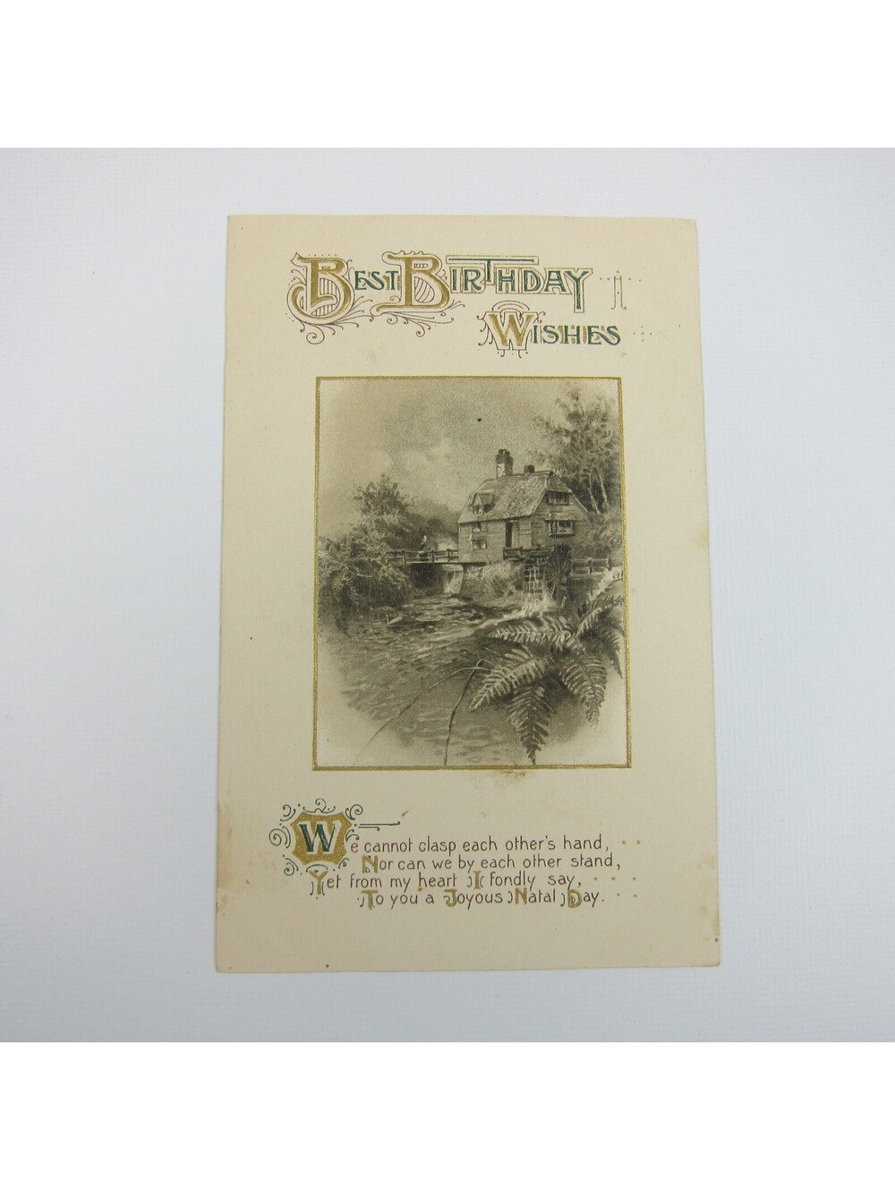 Postcard Birthday Greeting Antique Old Mill Water Wheel Gold Sparkle Embossed
